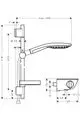 Technische Zeichnung eines Hansgrohe Brausesystems mit Thermostat, Brausestange und Handbrause. Maße und Anschlussdetails sind angegeben.